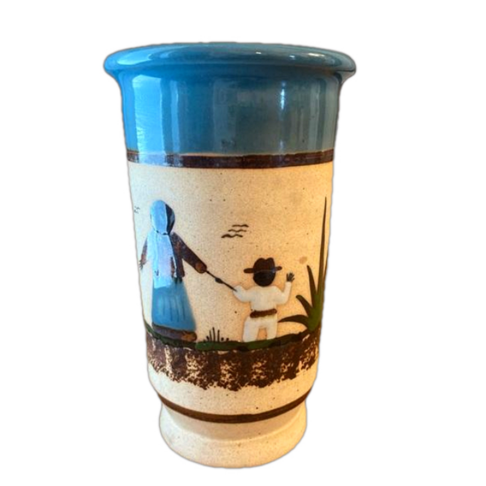 Vintage Tonalá Pottery Vase | Mid-Century Mexican Folk Art Blue Rim